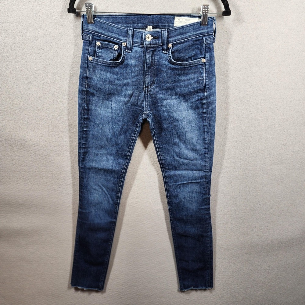 Rag & Bone Cate Mid-Rise Ankle Skinny Jeans 26 Raw Hem Stretch Blue Denim